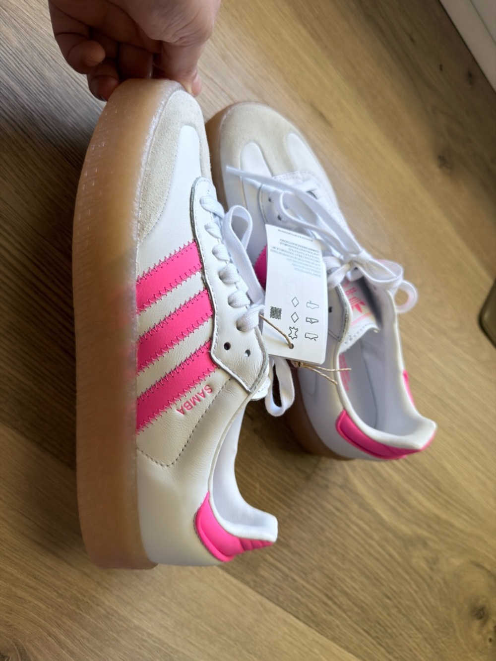 Adidas Sambae White Sneakers with Pink Three-Stripes and Gum Platform